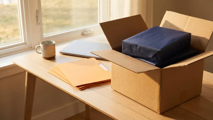 Opened shipping box of office supplies on a small business desk next to orange folders and a laptop